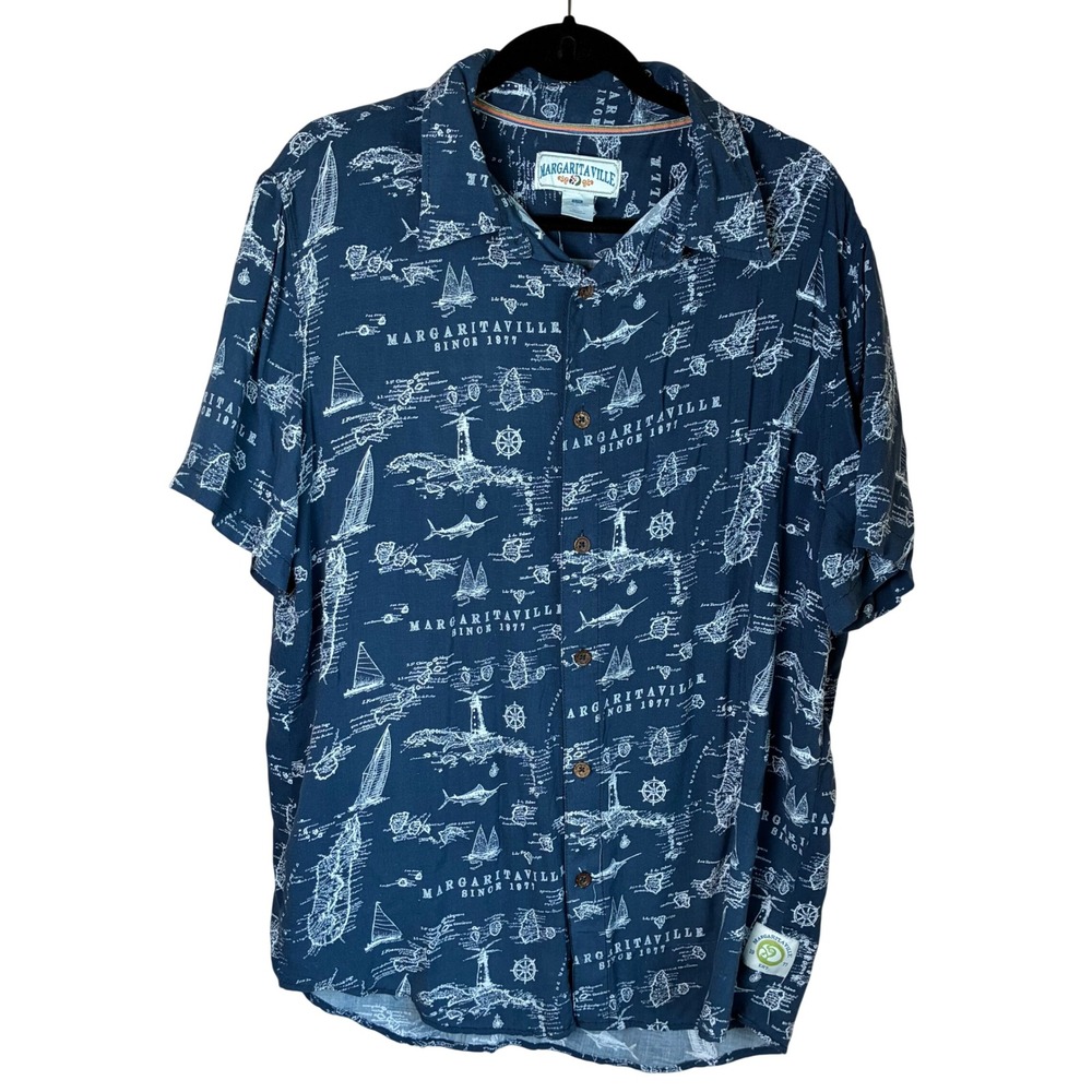 Margaritaville Mens Navy‎ Blue Nautical Map Print Rayon Button Down Shirt Large